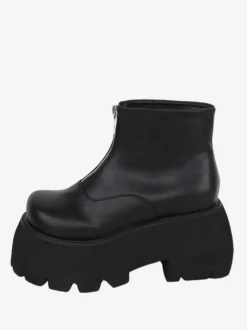 Bottes Lolita Steampunk Détails en métal blanc Chaussures Lolita en cuir PU à bout rond métallique