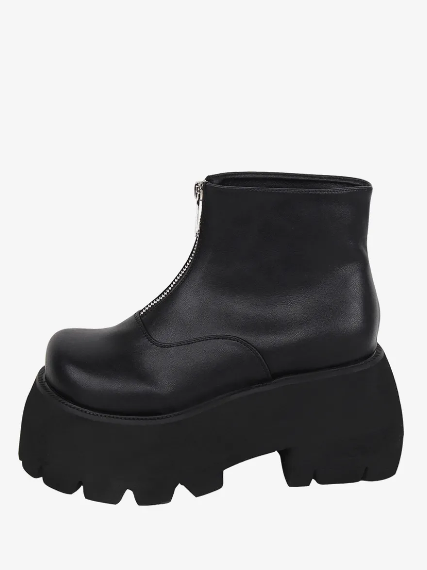 Bottes Lolita Steampunk Détails en métal blanc Chaussures Lolita en cuir PU à bout rond métallique