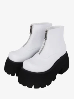 Bottes Lolita Steampunk Détails en métal blanc Chaussures Lolita en cuir PU à bout rond métallique