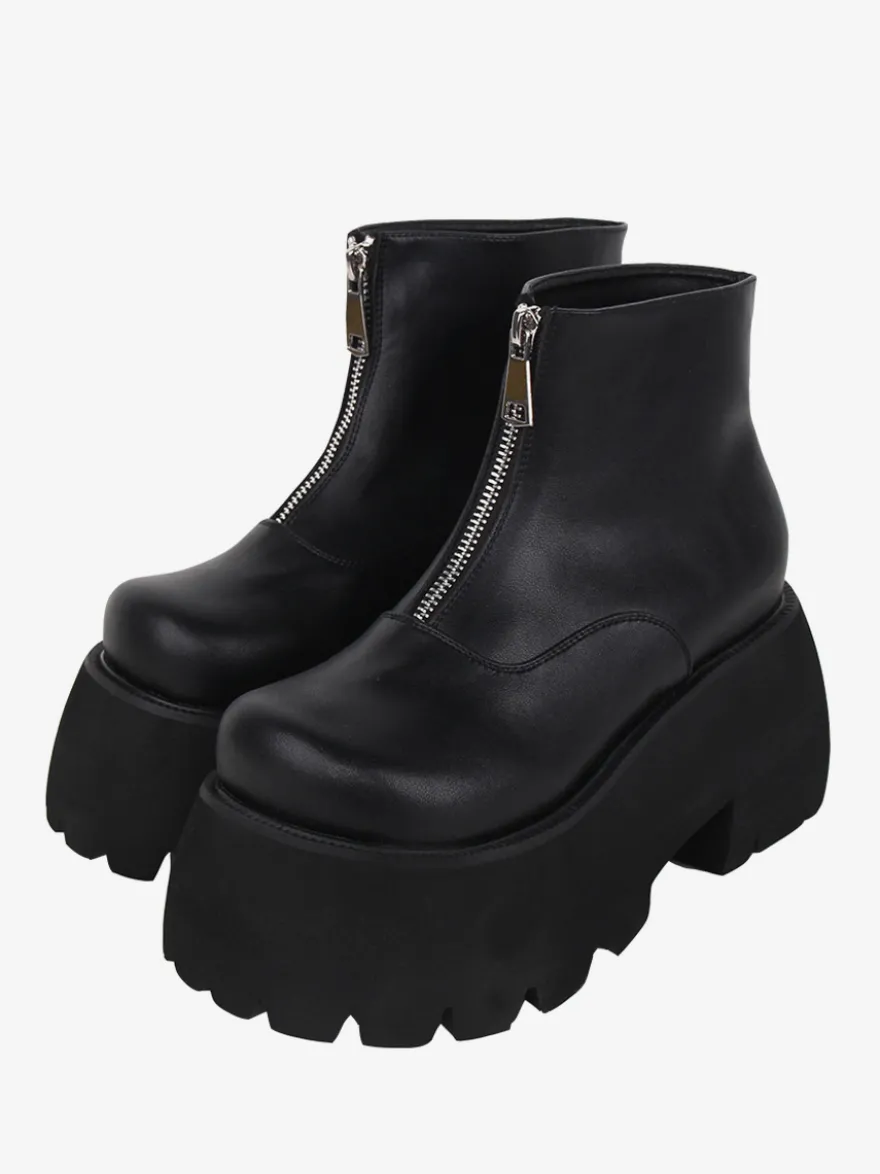 Bottes Lolita Steampunk Détails en métal blanc Chaussures Lolita en cuir PU à bout rond métallique