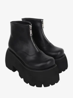 Bottes Lolita Steampunk Détails en métal blanc Chaussures Lolita en cuir PU à bout rond métallique