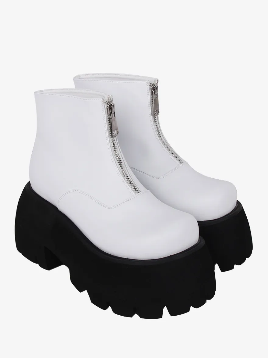 Bottes Lolita Steampunk Détails en métal blanc Chaussures Lolita en cuir PU à bout rond métallique
