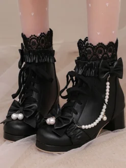 Bottes Lolita Sweet Bows noires Bout rond Chaussures Lolita en cuir PU