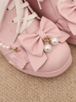 Bottes Lolita Sweet Bows noires Bout rond Chaussures Lolita en cuir PU