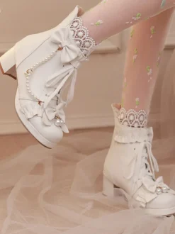Bottes Lolita Sweet Bows noires Bout rond Chaussures Lolita en cuir PU