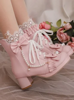 Bottes Lolita Sweet Bows noires Bout rond Chaussures Lolita en cuir PU