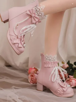Bottes Lolita Sweet Bows noires Bout rond Chaussures Lolita en cuir PU