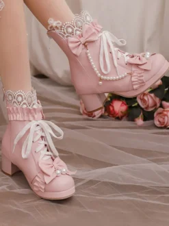 Bottes Lolita Sweet Bows noires Bout rond Chaussures Lolita en cuir PU