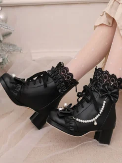Bottes Lolita Sweet Bows noires Bout rond Chaussures Lolita en cuir PU