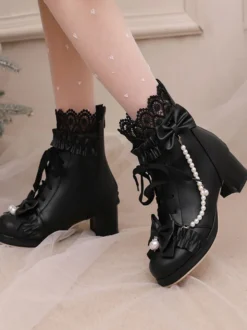 Bottes Lolita Sweet Bows noires Bout rond Chaussures Lolita en cuir PU