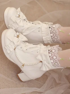 Bottes Lolita Sweet Bows noires Bout rond Chaussures Lolita en cuir PU