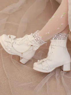 Bottes Lolita Sweet Bows noires Bout rond Chaussures Lolita en cuir PU