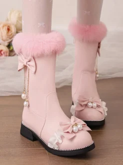 Bottes Lolita Sweet Bows noires Bout rond Chaussures Lolita en cuir PU