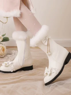 Bottes Lolita Sweet Bows noires Bout rond Chaussures Lolita en cuir PU