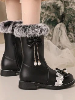 Bottes Lolita Sweet Bows noires Bout rond Chaussures Lolita en cuir PU
