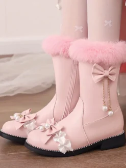 Bottes Lolita Sweet Bows noires Bout rond Chaussures Lolita en cuir PU