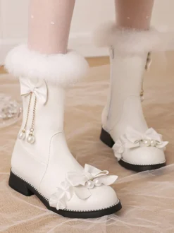 Bottes Lolita Sweet Bows noires Bout rond Chaussures Lolita en cuir PU