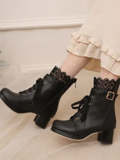 Bottes Lolita Sweet Chaussures Lolita en cuir PU à bout rond rose