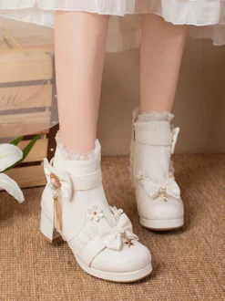 Bottes Mignonne Lolita Cuir PU Volants Arcs Bout Rond Chaussures Lolita Noires