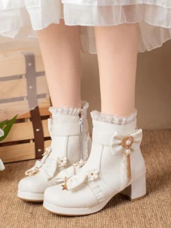 Bottes Mignonne Lolita Cuir PU Volants Arcs Bout Rond Chaussures Lolita Noires