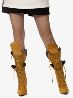 Bottes mi-mollet en daim jaune pour femmes bout pointu lacets talons hauts