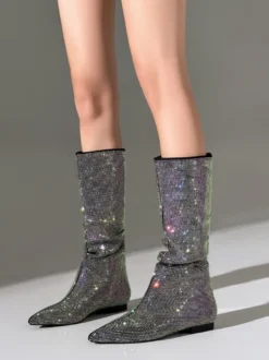 Bottes mi-mollet noires pour femmes chaussures plates à bout pointu avec strass