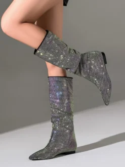 Bottes mi-mollet noires pour femmes chaussures plates à bout pointu avec strass