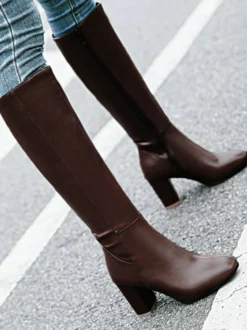 Bottes mi-mollet à talon épais et bout rond en cuir PU pour femmes