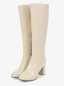 Bottes mi-mollet à talon épais et bout rond en cuir PU pour femmes