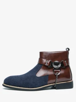 Bottes montantes en tricot pour homme avec fermeture éclair latérale chaussures habillées à bout rond et talons bas bottes habillées à chaînes