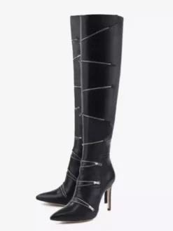 Bottes noires au-dessus du genou bout pointu fermeture éclair talon haut cuissardes