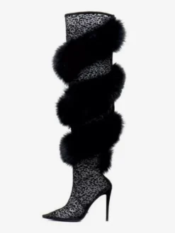 Bottes noires au-dessus du genou avec détails en fausse fourrure et talons hauts Bottes sexy au-dessus du genou