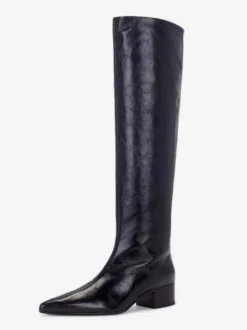 Bottes noires hautes au genou pour femmes bottes à bout pointu et talon épais longueur genou