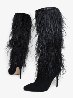 Bottes noires hautes au genou pour femmes bottes à talons aiguilles et détails en plumes longueur genou