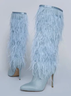 Bottes noires hautes au genou pour femmes bottes à talons aiguilles et détails en plumes longueur genou