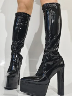 Bottes noires hautes au genou pour femmes bottes à plateforme et à talons épais pour drag queen