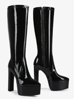 Bottes noires hautes au genou pour femmes bottes à plateforme et à talons épais pour drag queen