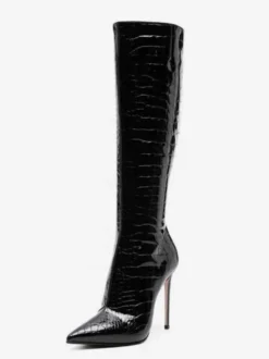 Bottes noires hautes au genou motif pierre bout pointu bottes à talons hauts