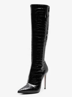 Bottes noires hautes au genou motif pierre bout pointu bottes à talons hauts