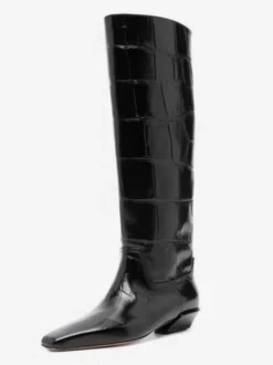 Bottes noires hautes à motif pierre bout carré et talon épais