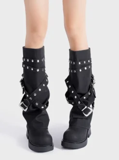 Bottes noires mi-mollet pour femmes bout rond détail boucle