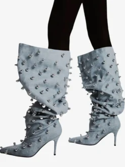 Bottes noires montantes à bout pointu et talons hauts perlés pour femmes
