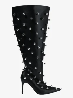 Bottes noires montantes à bout pointu et talons hauts perlés pour femmes