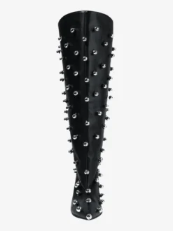 Bottes noires montantes à bout pointu et talons hauts perlés pour femmes