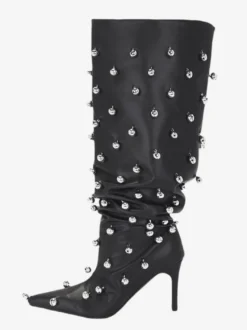 Bottes noires montantes à bout pointu et talons hauts perlés pour femmes