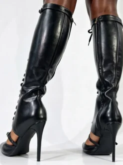 Bottes noires montantes pour femmes bout pointu boucle lacets