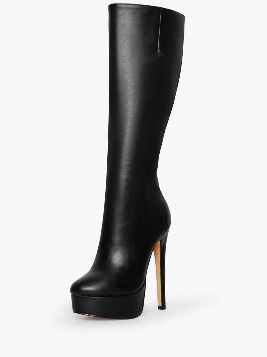Bottes noires à plateforme et talons hauts à bout rond