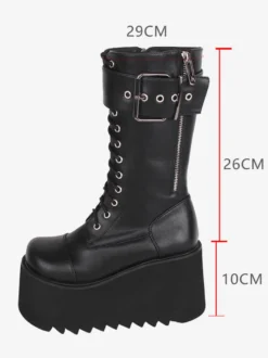 Bottes épaisses gothiques Lolita noires en cuir PU à bout rond chaussures Lolita
