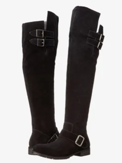 Bottes Plates En Daim Noires À Bout Rond Détail De Boucle Cuissardes
