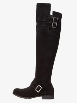Bottes Plates En Daim Noires À Bout Rond Détail De Boucle Cuissardes